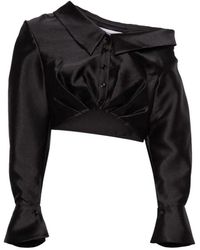 Self-Portrait - Overhemden ,Zwart ,Polyester Cropped Taffeta Top Met Asymmetrische Halslijn - Lyst