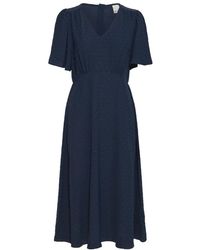 Ichi - Kleedjes ,Blauw ,Polyester Ruche Mouw V-Hals Jurk Total Eclipse - Lyst
