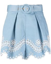 Zimmermann - Shorts azules de lino con bordado anglaise y cintura alta - Lyst