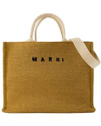Marni - Logo shopper tote mit runden griffen,natürliche synthetische tote tasche mit kontrast logo stickerei - Lyst