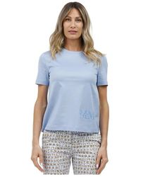 Max Mara - Tops ,Blauw ,Katoen T-Shirt Met Ronde Hals Met Print En Geborduurd Logo - Lyst
