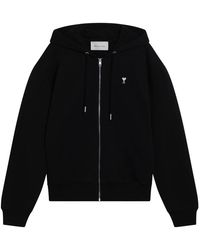 Ami Paris - Hoodies & Sweatvesten ,Zwart ,Katoen Hoodie Met Rits En Borstborduursel - Lyst