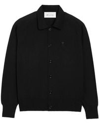 Ami Paris - Truien & Vesten ,Zwart ,Polo Collar Geborduurd Cardigan Met Borstzak - Lyst