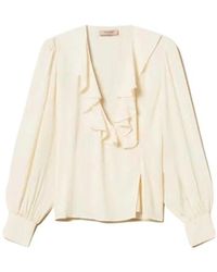 Twinset - Overhemden ,Wit ,Crêpe De Chine Blouse Met Ruches - Lyst