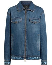 Etro - Jassen ,Blauw ,Denim Denim Jack Met Borduursel En Ritssluiting - Lyst