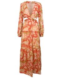 Dondup - Kleedjes ,Veelkleurig ,Chiffon Lange Chiffon Jurk Met Pofmouwen - Lyst