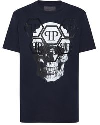 Philipp Plein - Tops ,Blauw ,Katoen T-Shirt Ronde Hals Ss Stones Skull - Lyst