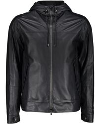 Moorer - Jassen ,Zwart ,Leer Leren Jas Met Capuchon Logo Voering - Lyst
