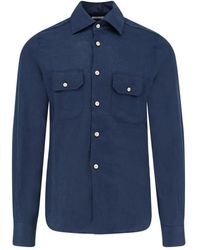 Kiton - Overhemden ,Blauw ,Linnen Pocket Shirt - Lyst