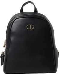 Twin Set - Casual-chic schwarze taschen mit metall-logo,schwarzer rucksack aus kunstleder - Lyst