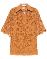 Zimmermann - Kamelbraune Bluse Mit V-Ausschnitt Und Wellenkante - Lyst