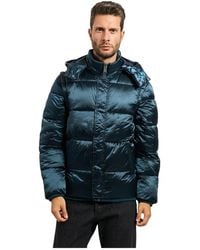 Guess - Blaue Metallic Daunenjacke Mit Kapuze - Lyst