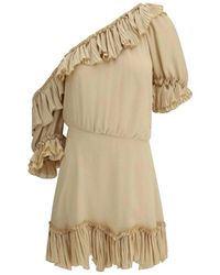 Saint Laurent - Asymmetrisches Seidenkleid Mit Dichterärmeln - Lyst