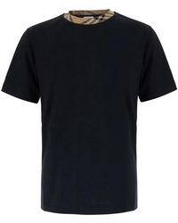 Burberry - Tops ,Zwart ,Katoen Check Trim Katoenen T-Shirt - Lyst