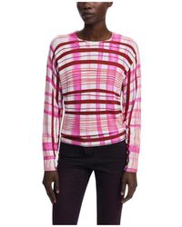 Desigual - Roze Geruite Gebreide Trui Met Ronde Hals - Lyst