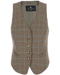 Etro - Jassen ,Wol Enkelrijenig Gilet Van Stretchwol Met Prince Of Wales-Motief - Lyst