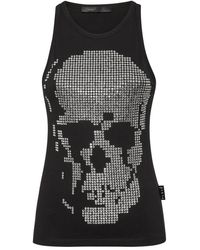 Philipp Plein - Tops ,Zwart ,Katoen Ribgebreide Tanktop Skull Strass - Lyst