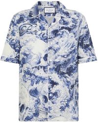 Philipp Plein - Overhemden ,Blauw ,Katoen Linen Bowling Shirt All-Over Ceramic - Lyst