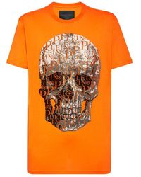Philipp Plein - Tops ,Oranje ,Katoen T-Shirt Ronde Hals Ss Skull And Plein Met Kristallen - Lyst