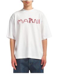 Marni - Tops ,Wit ,Katoen T-Shirt Met Geborduurd Logo - Lyst