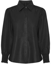 Notyz - Overhemden ,Zwart ,Leer Leren Blouse Met Smockdetails - Lyst
