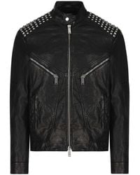 DSquared² - Jassen ,Zwart ,Leer Zip-Up Bikerjack Met Lange Mouwen - Lyst