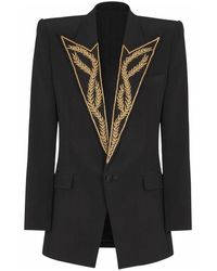 Balmain - Kostuums ,Zwart ,Leer Jasje Met 1 Knoop En Geborduurde Kraag - Lyst