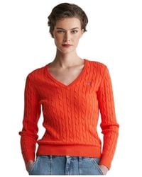 GANT - Truien & Vesten ,Oranje ,Katoen Gedraaide Gebreide V-Hals Trui - Lyst