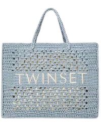 Twin Set - Borsa shopper in crochet di cotone intrecciato a mano con logo ricamato - Lyst