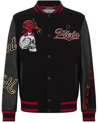 Philipp Plein - Jassen ,Zwart ,Leer Varsity Bomber Met Leren Mouwen Devil Skull - Lyst