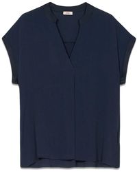 Oltre - Overhemden ,Blauw ,Satijn Viscose Blouse Met Satijnen Details - Lyst