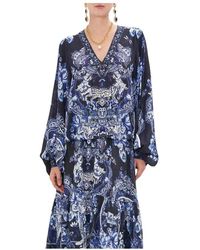 CAMILLA - Overhemden ,Blauw ,Blouse Met V-Hals En Ballonmouwen - Lyst