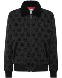 Philipp Plein - Jassen ,Zwart ,Wol Wool Aviator Bomber Met Shearling Kraag Monogram - Lyst