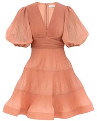 Zimmermann - Kleedjes ,Oranje ,Polyester Geplooide Mini Jurk Perzik Diepe V-Hals - Lyst