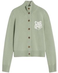 Maison Kitsuné - Truien & Vesten ,Groen ,Wol Hoge Hals Merinowol Vest Met Vos Intarsia - Lyst