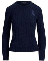 Ralph Lauren - Truien & Vesten ,Blauw ,Katoen Kabelgebreide Trui Met Knoopdetail - Lyst