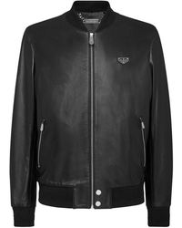 Philipp Plein - Jassen ,Zwart ,Leer Leather Bomber Ls - Lyst