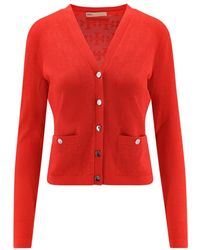 Tory Burch - Truien & Vesten ,Rood ,Polyester V-Hals Trui Met Logoknoppen - Lyst