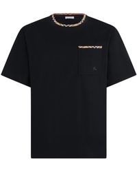 Burberry - Tops ,Zwart ,Katoen Check Trim Katoenen T-Shirt - Lyst