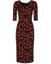 Dolce & Gabbana - Cherry-print charmeuse calf-length dress - Lyst