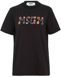 MSGM - Tops ,Zwart ,T-Shirt Met Korte Mouwen En Bloemenlogo Op De Voorkant - Lyst