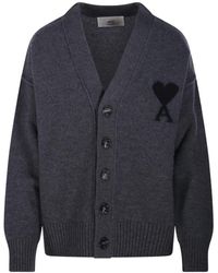Ami Paris - V-Ausschnitt Filz Merino Cardigan - Lyst