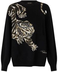 Roberto Cavalli - Truien & Vesten ,Zwart ,Wol Wollen Trui Met Tijgermotief - Lyst