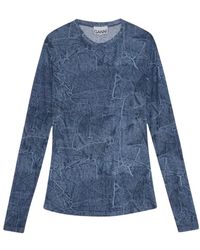 Ganni - Tops ,Blauw ,Leer Blauwe Graphic Mesh Blouse Met Lange Mouwen - Lyst