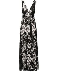 Guess - Blumiges v-ausschnitt langes schwarz weißes kleid - Lyst