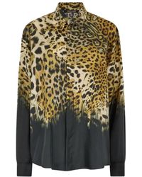 Roberto Cavalli - Overhemden ,Bruin ,Jaguar Print Zijden Overhemd Lange Mouwen - Lyst