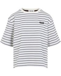 Miu Miu - Gestreept Katoenen T-Shirt - Lyst