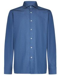 Franzese Collection - Blauwe Denim Spread Kraag Shirt - Lyst