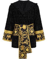 Versace - Nachtkleding ,Zwart ,Katoen Zwarte Korte Badjas Met Barokdesign - Lyst