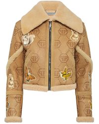 Philipp Plein - Jassen ,Leer Cropped Geborduurde Leren En Shearling Jas Monogram - Lyst
